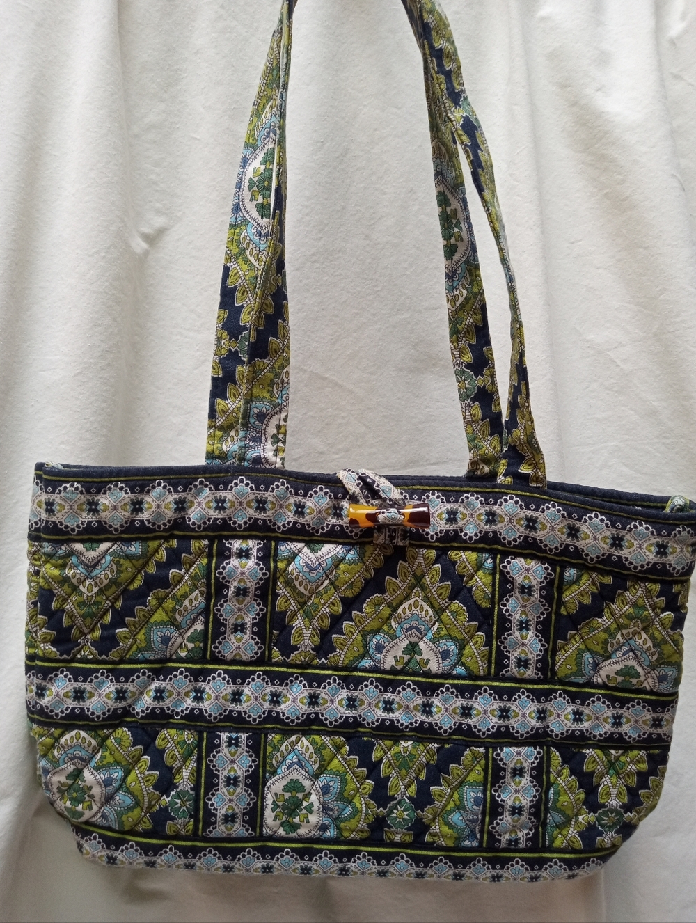 Vera Bradley Retired Cambridge Quilted Floral Pattern Tote Bag in Navy and Green - Picture 2 of 5